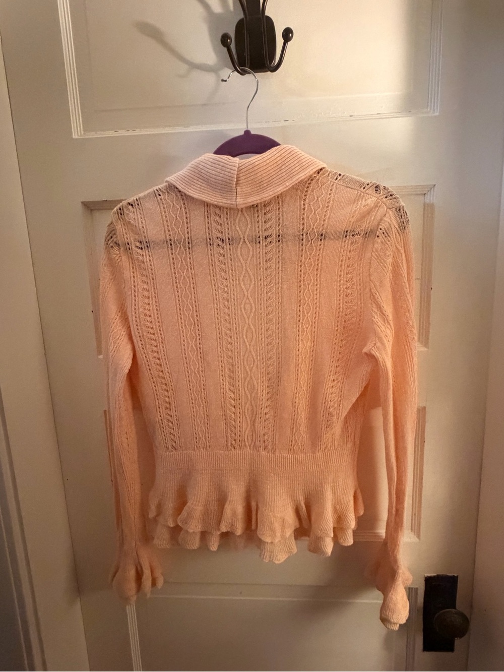 Lauren Ralph Lauren Peach Pointelle Ruffle Shawl-Collar Cardigan - Picture 3 of 5